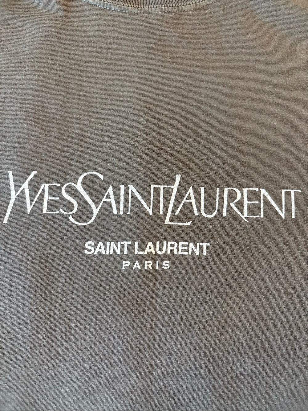 VINTAGE YSL Saint Laurent Taupe Brown Short Sleeve Logo Tee with White Print - Picture 3 of 5